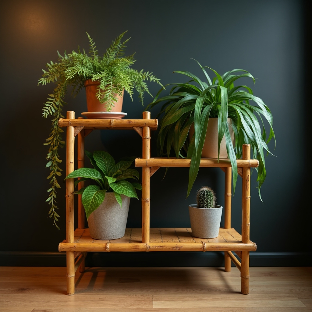 Estantería modular de bambú con plantas y objetos decorativos en interior