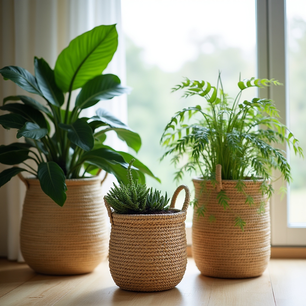 Cestas tejidas usadas como maceteros con plantas verdes en interior luminoso