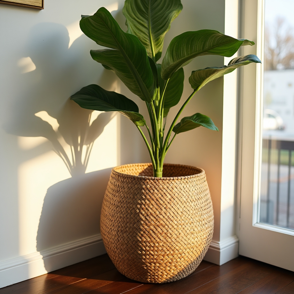Cestas de fibra natural usadas como maceteros decorativos en sala de estar