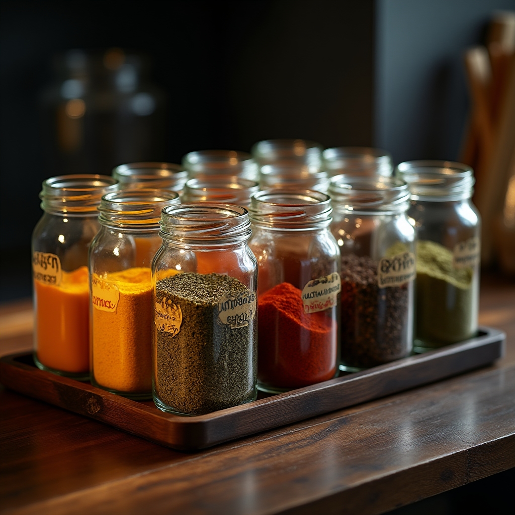 Colección de tarros de vidrio borosilicato con especias y legumbres