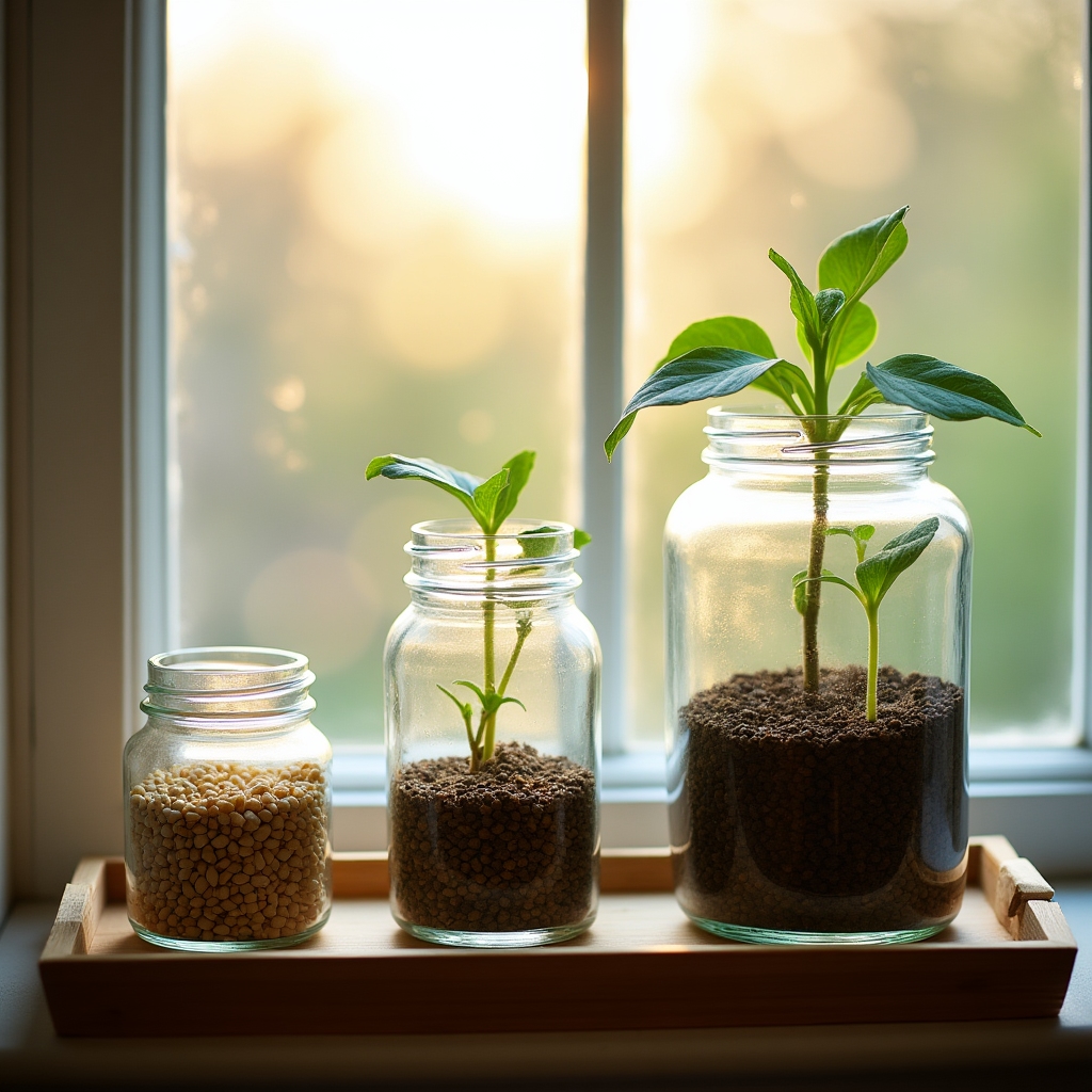 Tarros de vidrio con semillas en germinación sobre alféizar con luz natural